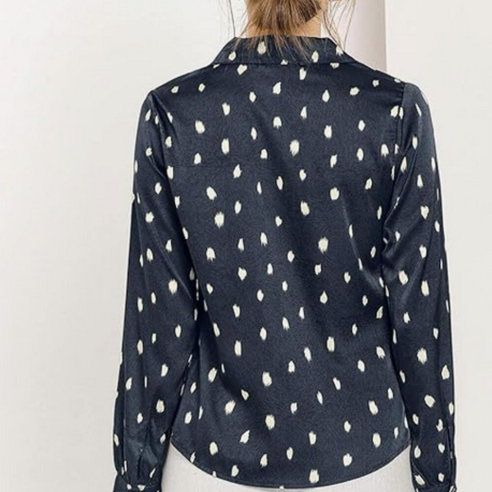 Allegra K Women's Satin Polka Dots Blouse Elegant Camp Collar Long Sleeve - Picture 4 of 15